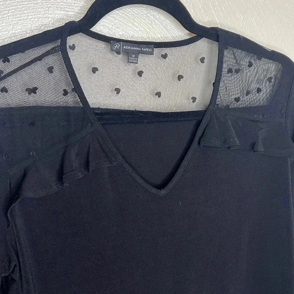 Adrianna Papell Black Heart Sheer Ruffle Black Top